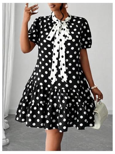 WDIRARA Women's Plus Size Polka Dots Bow Tie Short Dress Puff Sleeve Ruffle A Line Dresses4