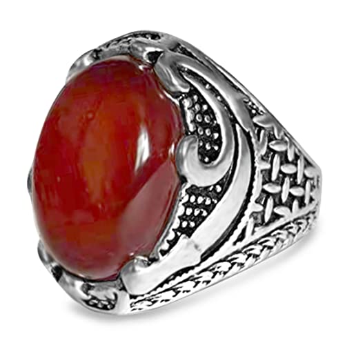 DALEGEM Natural Real Red Ruby Garnet Agate Onyx Stone Signet Ring for Men Women,Retro Vintage Antique Silver Plated Handmade Genuine Red Gemstone Quartz Crystal Turkey Turkish Ring Jewelry Gift (Agate_C, 9)