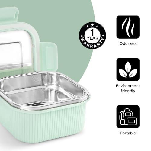 Image of Larah by BOROSIL Freshbyte Food Storage Container with Airtight Stainless Steel Lid | Fridge Container for Lunchbox | Food Grade | Microwave Safe