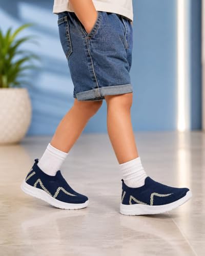 Image of Kids Navy Blue Knit Slip-On Sneakers for Boys | Lightweight Breathable Casual Walking Shoes with Geometric Pattern & Cushioned Sole
