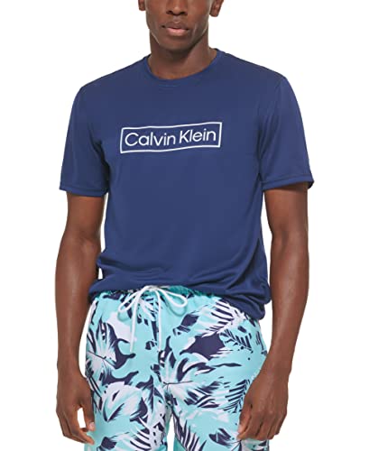 Calvin Klein Light Weight Quick Dry Short Sleeve 40+ UPF Protection Camisa de protección de Sarpullido, Marino, L para Hombre