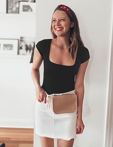 Chunpin Women's Sexy Square Neck Short Sleeve Bodysuit Tops Double Lined Slim Fitted Thong Body suit3