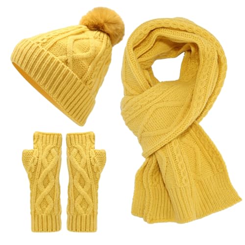 Gants d'hiver chauds pour femme et homme avec bonnet en laine et écharpe assortie
