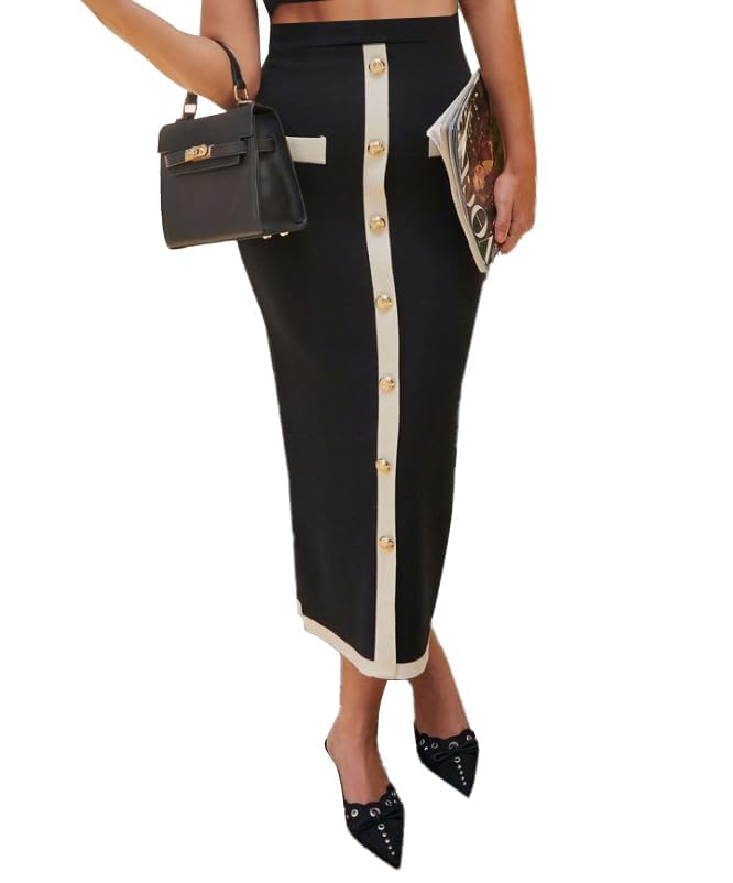 Avanova Women Button Down Pencil Midi Skirt Color Block High Waisted Bodycon Work Long Skirt3