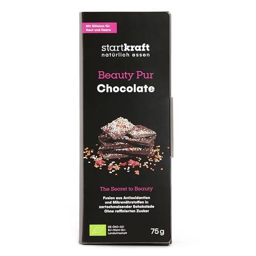 startkraft Beauty Chocolate 75g, vegane Schokolade nur mit Kokosblütenzucker gesüßt, glutenfrei, Schokoladentafel mit Himbeeren und gekeimter Braunhirse