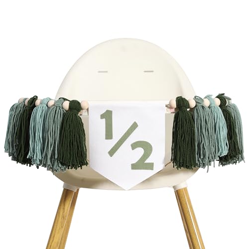 Greenery half Birthday High Chair Banner - Nature 1/2 Birthday Highchair Banner, Half Birthday High Chair Banner, 6 Monthes Birthday Party Banner, Tassel Bunting, Wooden Tassel Garland