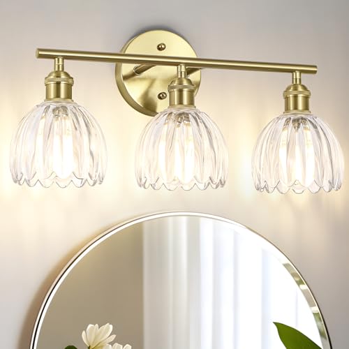 Image of Vintage Bathroom Light fixtures, Gold Vanity Lights, ETL Certified | 18.5 in, Clear Tulip Glass Shade, Hardwired Bathroom Vanity Light, E26 Socket, Bulbs Not Included