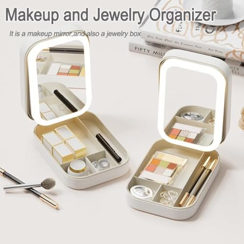 Image of APOPHIS Small Travel LED Makeup Mirror Case with 3 Adjustable Color Light Settings, Dust-Proof Jewelry Box, Mini Cosmetic Train Case Ideal for Short Trips, White, Cosmetic Bag with Led Mirror (White)