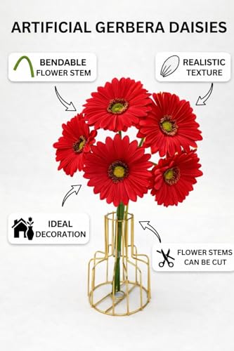 Image of CURATED CART Gerbera Daisy Flowers - Pack of 5 Red Faux Blooms, 30cm Tall | Real Touch PU Petals with Bendable Green Stems | Artificial Flower Bouquet for Home, Kitchen, Office (Red) (No Vase)