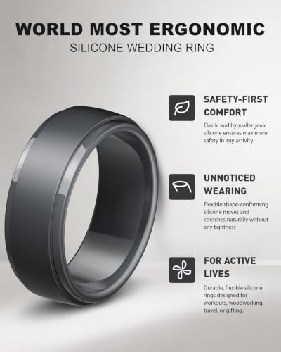 Image of Egnaro Men's Silicone Wedding Rings: Classic Black Step Edge Rubber band 10mm Wide 2.5mm Thick- Hypoallergenic for Gym /Outdoor /Gift(1 /4 /7 Variety Pack with Half Size)
