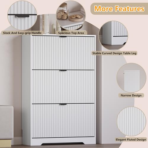 Image of BORNOON Entryway Shoe Cabinet with 3 Flip Drawers, Narrow Shoe Organizer Cabinet with Fluted Panel and Adjustable Shelves for Foyer, Hallway