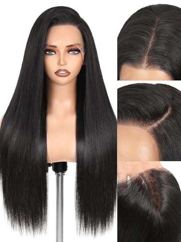 WIGNEE 13x6 Synthetic Lace Front Wig 28" Long Straight Wig Natural Black Kanekalon Futura Synthetic Wigs for Black Women Pre-Plucked Glueless Wig for Daily Party Use