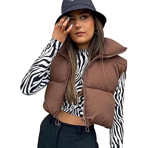 Cropped Puffer Gilet Women Body Warmer For Women Sleeveless Jacket Body Warmers Waistcoats For Women Ladies Quilted Padded Puffa Bubble Gilet Womens Crop Puffer Vest Sleeveless Coats For Women Brown S Cover