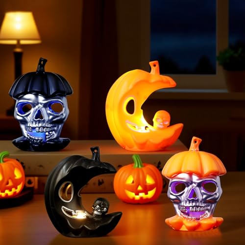 Lanternas de Halloween, 4 peças LED esqueleto abóbora Halloween com luz, Helloween lanterna decoração, decoração de casa interior exterior, presentes Helloween para crianças, detalhes de aniversário