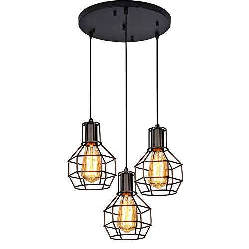 Lustre cage industriel E27 noir à 3 lampes vintage pour salon