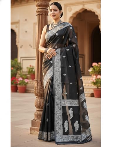 Image of Banarasi soft Cotton-Silk Saree with Unstitched Blouse - Graceful Design for Special Occasions, Weddings & Festivals