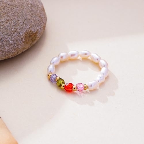 SIXFOX Stretch Natural Freshwater Pearl Elastic Beaded Wrap Stackable Ring Gift2