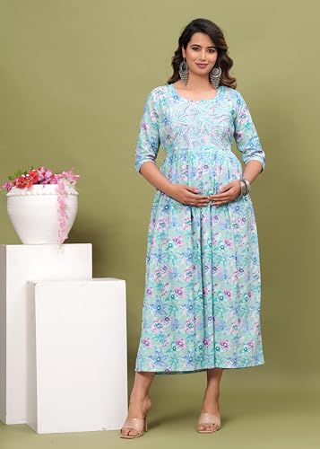 Image of Maternity Feeding Kurti for Women | Cotton Blend Anarkali Dress with Nursing Zip for Pre & Post Pregnancy