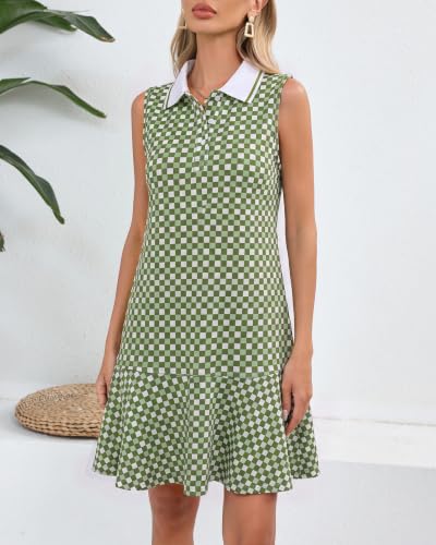Image of YEXPINE Women's Sleeveless Polo Dress Ruffle Hem Lapel V Neck T-Shirt Summer Mini Dresses