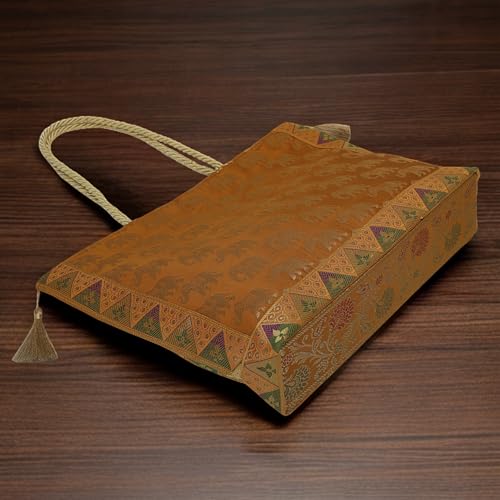 Image of Hand Purse | Traditional Hand Purse | Silk Wallet Hand Bag | Shagun HandPurse | Gifts HandBag | Golden Handle Tote Handbag | Brocade Shoulder Bag | 16 INCH