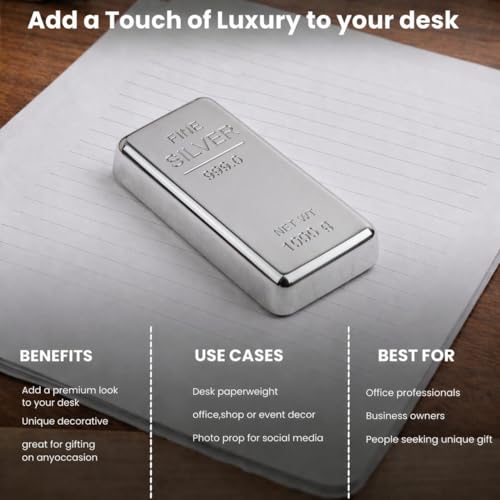 Image of ZAHEPA Realistic Metal Silver Bar Paperweight for Office Table, Fake Silver Biscuit Paper Weight Table Decoration, Prop for Jewellery Shop & Heist Theme, Unique Gift for Home & Office (Pack of 1)