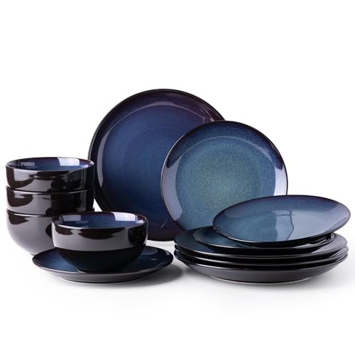 LeRatio Dinner Set for 4, 12 Piece Stoneware Plates and Bowls Set, Chip & Scratch Resistant Reactive Glazed Dinnerware Set, Dishwasher & Microwave Safe Crockery Set (Space Blue, Set of 18)