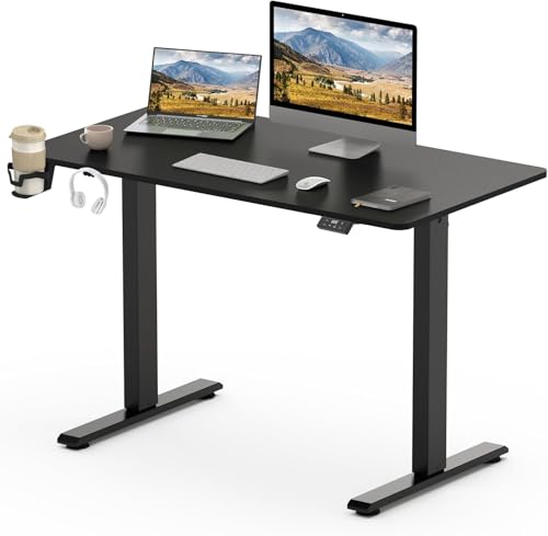 SANODESK Escritorio Elevable Eléctrico 110x60cm con Tablero Entero(con Gancho/Portabotellas), Standing Desk, Escritorio Ajustable en Altura con Tablero, Función de Memoria, para Trabajo/Hogar(Negro)