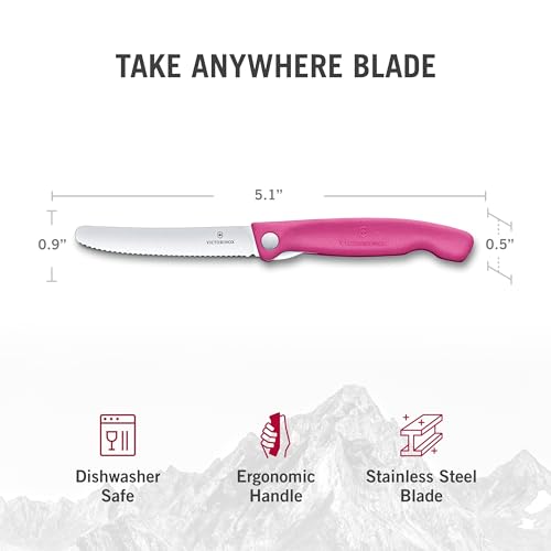 Victorinox Swiss Classic Foldable picnic knife for hiking, fruit, vegetables, bread rolls, sausage, serrated edge, extra sharp, Pink