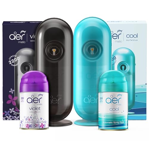 Image of Godrej aer matic, Automatic Air Freshener Spray Kit with Flexi Control - Violet Valley Bloom (225 ml) & matic, Automatic Air Freshener Kit with flexi control - Cool Surf Blue (225 ml) Combo