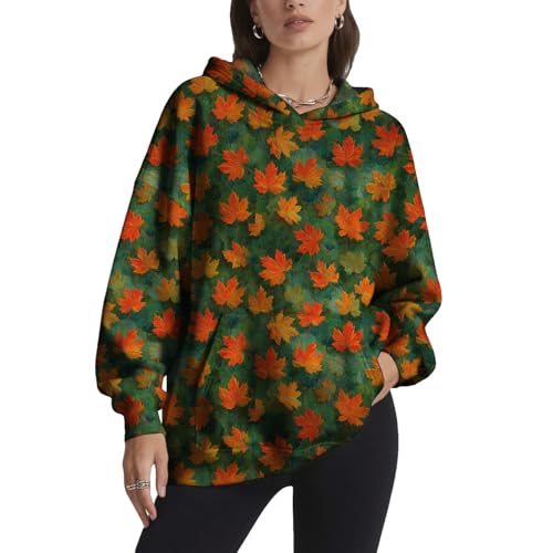YABTF Womens Maple Leaf Printed Hoodies Pullover Drop Shoulder Long Sleeve Trendy Hoodies Fall Clothes with Kangaroo Pocket