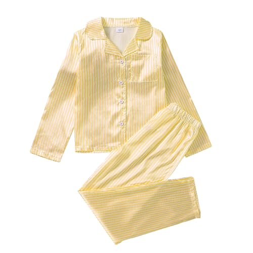 Kids Striped Silky Satin 2pc 𝐏ajamas Sets Long Sleeve Buttons Tops Baggy Pants 𝐏𝐉 Outfits L𝐨unge Sl𝐞epwear for Girls