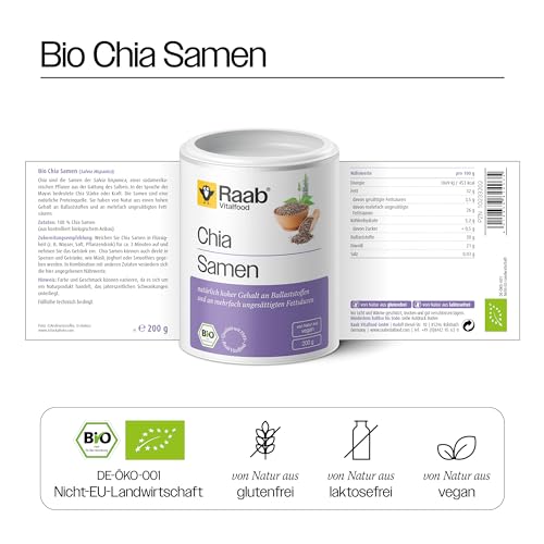 Raab Vitalfood Bio Chia-Samen, Premium Qualität, vegan, reich an Ballaststoffen, enthält natürlicherweise Calcium, B-Vitamine, ungesättigte Fettsäuren, quellfähig, 1er Pack (200 g)