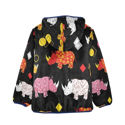 Colorful Rhinos on Black Toddler Fleece Jacket Girl Boys Hooded Fleece Jacket Coat Warm Outwear Zip-up 3-10T2
