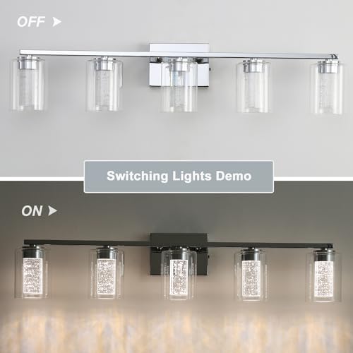 Image of 5 Light Chrome Bathroom Light Fixture, Dimmable 5CCT Chrome Bathroom Vanity Lights, 2700K-6500K Modern Crystal Bubble LED Wall Sconce Over Mirror with Clear Glass for Bedroom, Living Room
