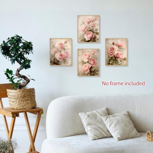 Image of laveliabel Vintage Pink Flower Wall Art Prints Set of 4 Unframed, Shabby Chic Wall Decor, Vintage Retro Floral WallArt, Preppy Coquette Pink Floral Poster Prints for Home Room WallDecor 8x10inches