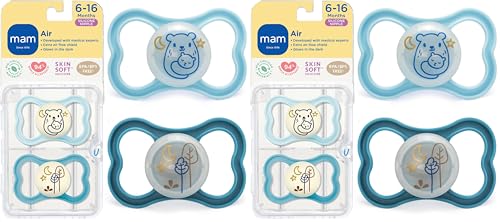 Image of MAM Air Night Pacifiers (1 Sterilizing Pacifier Case), MAM Sensitive Skin Pacifier 6+ Months, Glow in the Dark Pacifier, Best Pacifier for Breastfed Babies, Baby Boy Pacifiers, 6-16 - 2 Ct (Pack of 2)