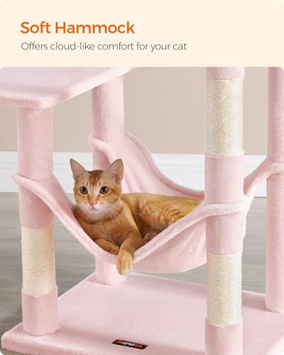 Image of Feandrea Cat Tree, 54.2-Inch Cat Tower, Plush Multi-Level Condo with 4 Scratching Posts, 2 Perches, Hammock, Cave, Jelly Pink UPCT161P01