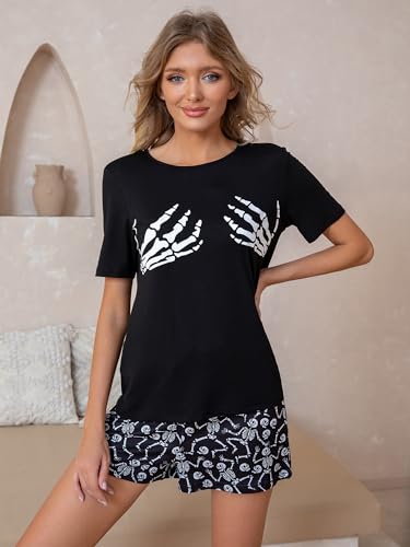 Leevuyu Women Halloween Pajamas Skeleton Short Sleeve Tops and Shorts Scream Pajamas Halloween Pajama Pjs Black S - image 7