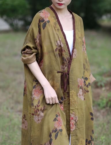 NFYM Women Lightweight Kimono Jacket Cotton Yarn Printed Tie Up Vintage Loose Cardigan Open Front Trench Coat Outerwear3