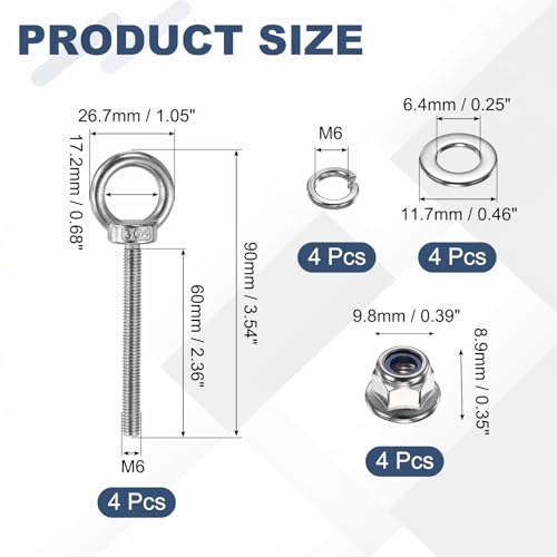 Image of PATIKIL M6 x 60mm Shoulder Eye Bolt, 4 Pcs 304 Stainless Steel Lifting Ring Threaded Eye Bolt with Flange Lock Nuts Spring and Flat Washers for Hanging Tie Down Straps Outdoor Indoor
