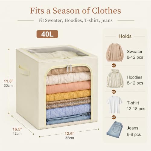 Image of GoMaihe Clothes Storage Bins with Metal Frame, 40L Sweater Storage Boxes for Above Shelf Closet, 4 Pack Stackable Clothing Storage Organizer with Clear Window for Jeans Hoodies T-shirt - Beige