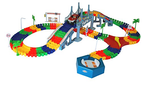 MMP Living Super Snap Speedway - Bend and Flex Track Set with Electric car, Bridge Feature and Accessories - Over 213 Pieces