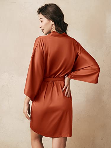 Aw Bridal Satin Kimono Robe Burant Orange Silk Robes For Women Bridesmaids, Bride Party Robes With V-Neck For Wedding Day, L #TOP3