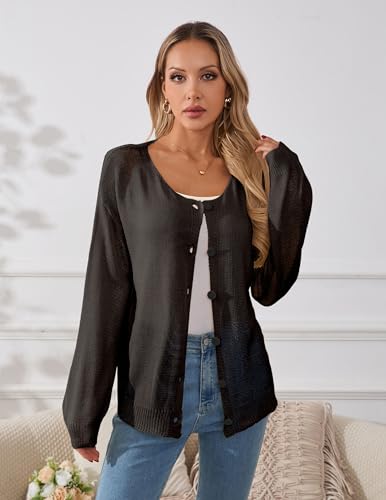 Image of Libsorge Womens Oversized Lightweight Sheer Button Cardigan Spring 2025 Trendy Solid Ribbed Knit Long Sleeve Thin Sweater