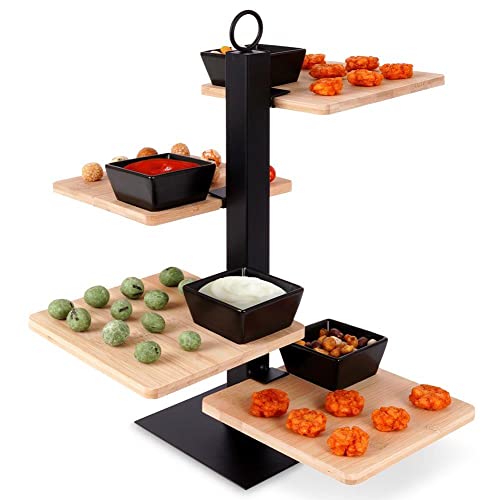 Vilde Présentoir à gâteau, plateau de service, plateau de service, plateau à gâteau, plateau à gâteau, assiette de service, assiette à gâteau, en bois et métal, 4 étages, 32 x 32 x 36 cm