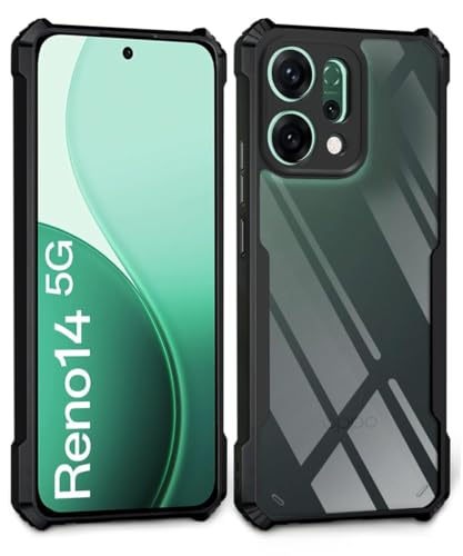 Image of AIBEX Compatible for Oppo Reno 14 5G Mobile Back Case Cover, Crystal-Clear Shockproof Bumper with Camera Guard | 360 Hybrid Protection (TPU+PC) | Anti-Yellow, Slim Transparent - Black
