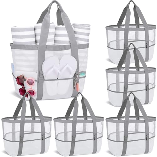Image of Hillban Large Beach Mesh Bags Bulk for Women Beach Tote Bag with 8 Pocket Zipper Waterproof Sandproof for Pool Cruise Ship