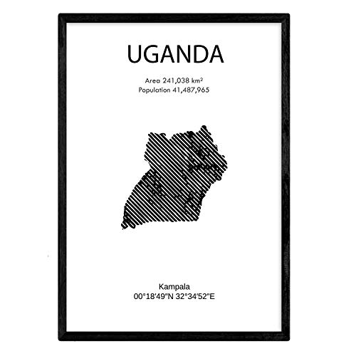 Affiche de l'Ouganda. Lames de pays et de continents du monde. Taille A4 avec cadre