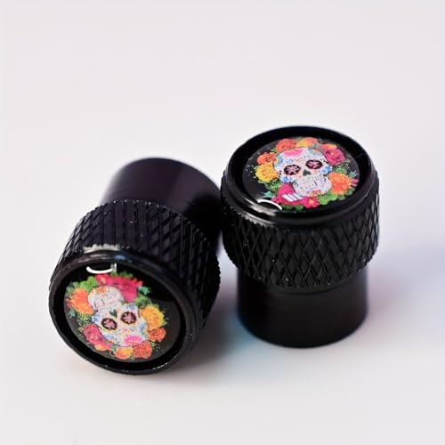 4-Pack Day of The Dead Valve Stem Caps – Vibrant Sugar Skull Tire Air Caps, Thickened Aluminum Material, Universal Fit for Cars, Trucks, Motorcycles, Car Tire Personalized Decorative Caps