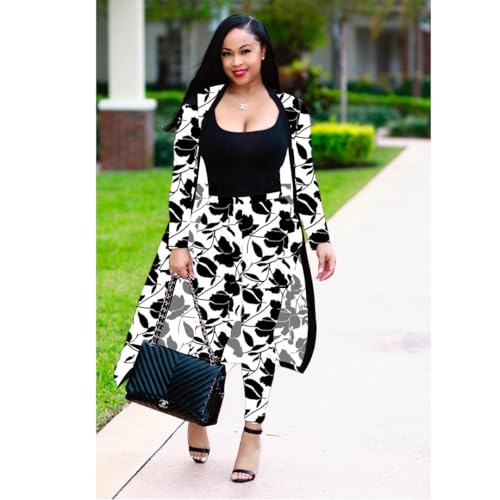 Image of Max2co Women 2 Piece Outfits Floral Long Sleeves Open Front Cardigan Cover up with Leggings High Waist Long Pants Set